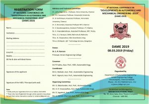 National Conference On Developments In Automobile And Mechanical Engineering Ncdame