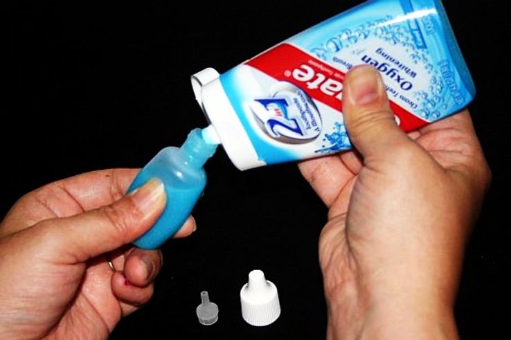 Fill empty eye-dropper with toothpaste. No need to buy small tubes ever